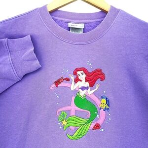 VTG Disney Store The Little Mermaid Ariel Embroidered Sweatshirt Purple L 10/12